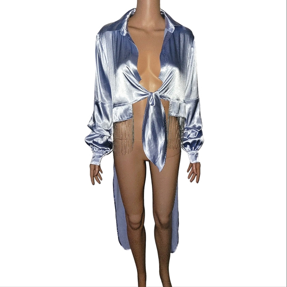 Blue satin high-low collared blouse.